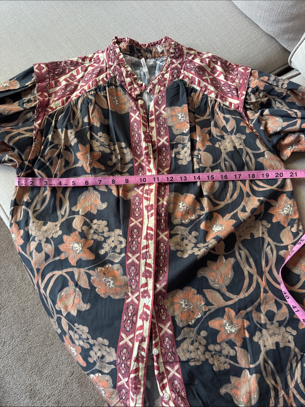 Free People Black Floral Puff-Sleeve Blouse with Rust Trim - Picture 5 of 5